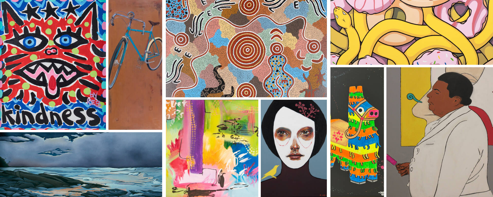 Collage of nine different acrylic paintings from the GVSU Art Museum Collection.